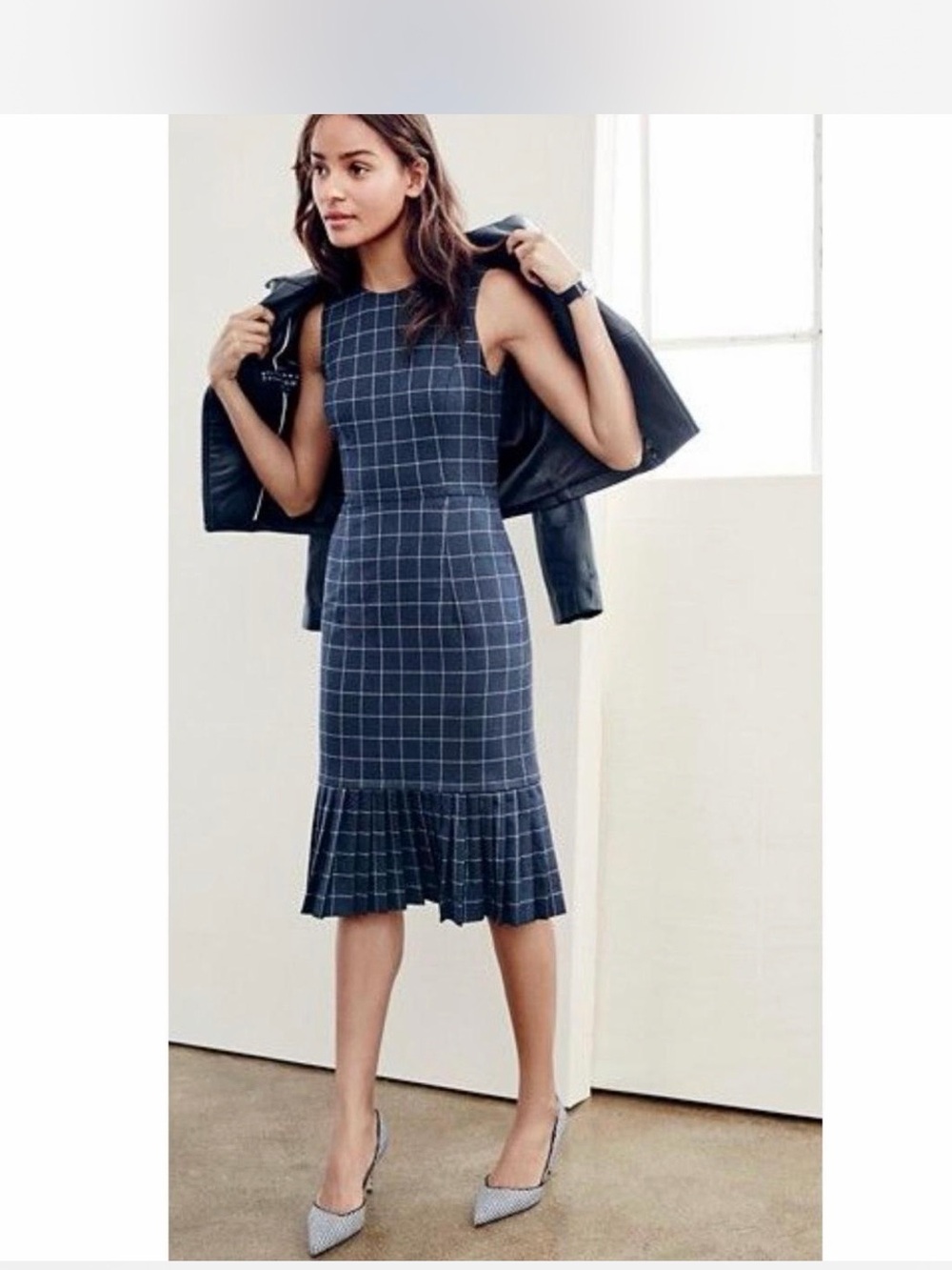 J. Crew Wool Navy Windowpane Midi Dress with Ruffle Hem
